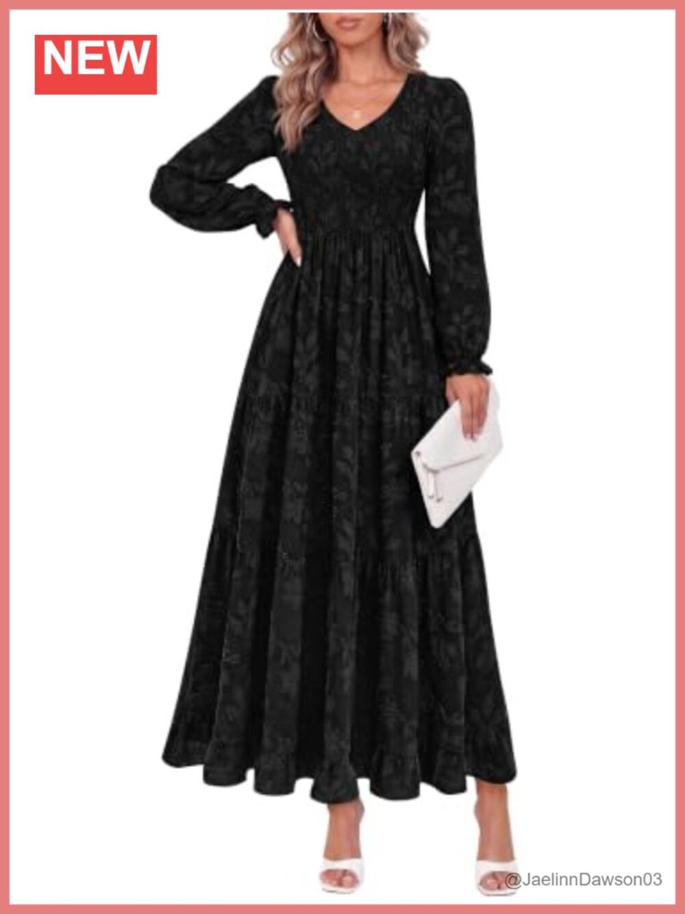 Womens Long Sleeve V Neck Jacquard Smocked Waist Tiered Maxi Dress with Pockets